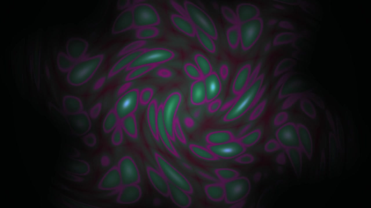 Forme organiche ipnotiche e vorticose con bagliore verde e magenta