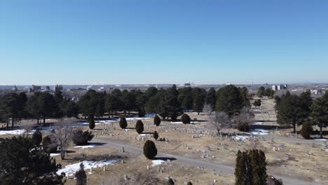 drone smoothly flying over dead trees in a cemetery looking ahead to reveal gravestones on dead grass with patches of snow on a clear winter day