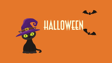 escena oscura de halloween con gato y sombrero de bruja