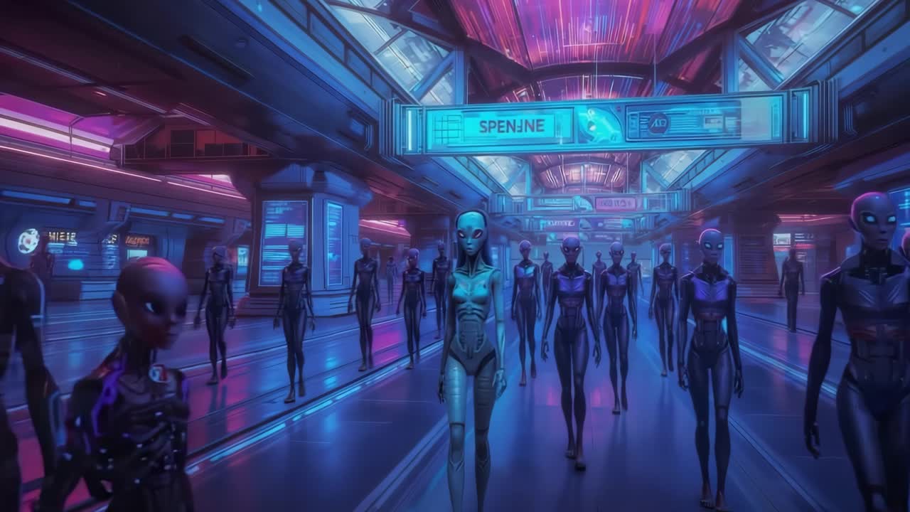 Ryhmä avaruusolentoja kävelee futuristisessa käytävässä