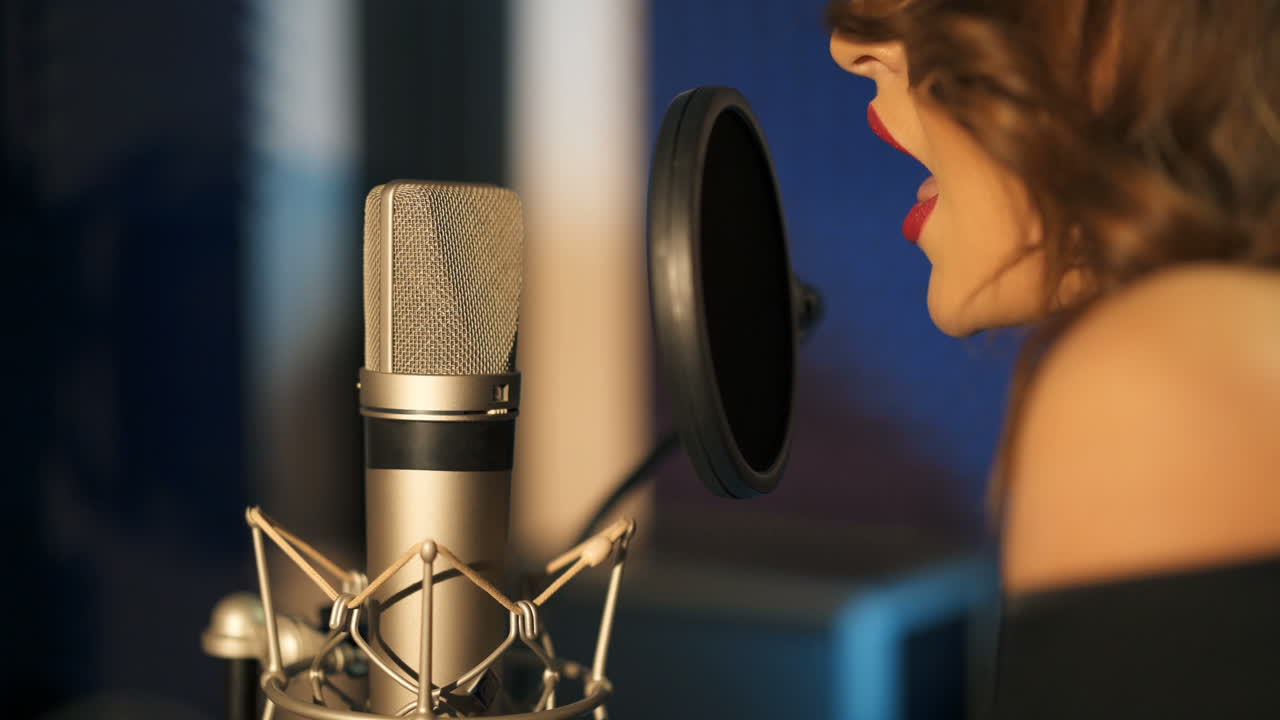 Young woman recording a song in a professional studio. Close-up face.