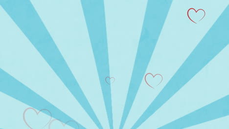 animation of hearts floating over rotating blue striped background