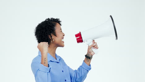 speech, megaphone and woman with support