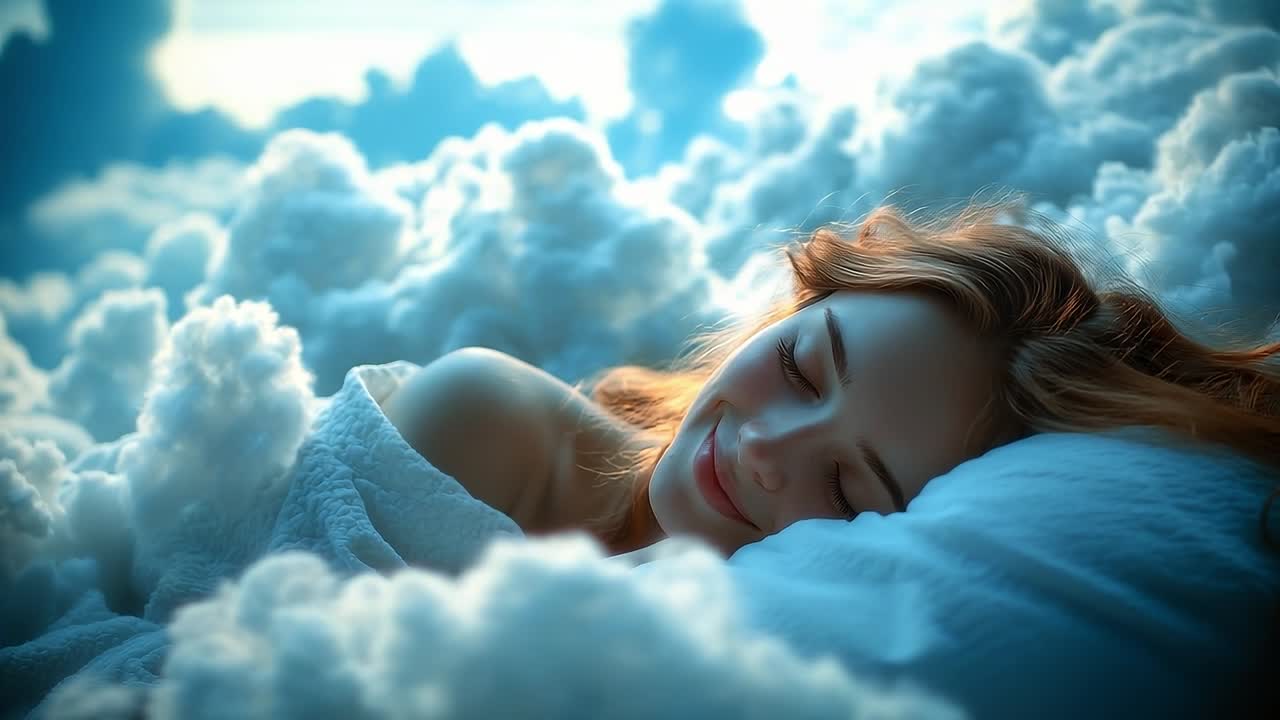 Dreaming peacefully in soft clouds. A serene young woman sleeps among fluffy clouds, surrounded by calming blue hues, embodying tranquility and comfort.