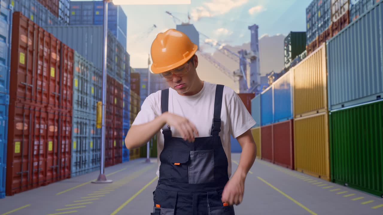 Asian Man Worker Wearing Goggles And Safety Helmet Wiping The Sweat And Being Tired While Standing At Container Yard Warehouse
