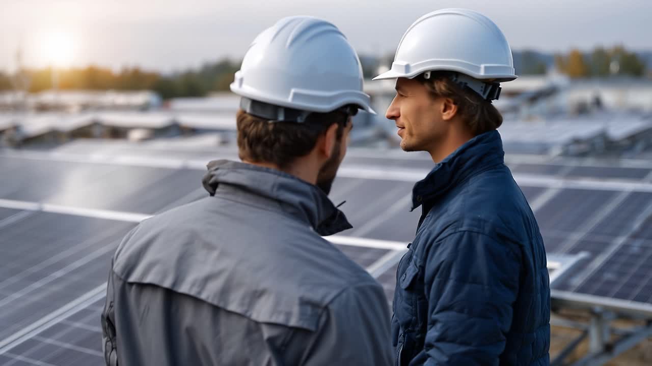 Two engineers converse atop a solar array. They wear helmets, dressed for fieldwork. Sunlight glints off the panels behind them. Their expressions show focused engagement