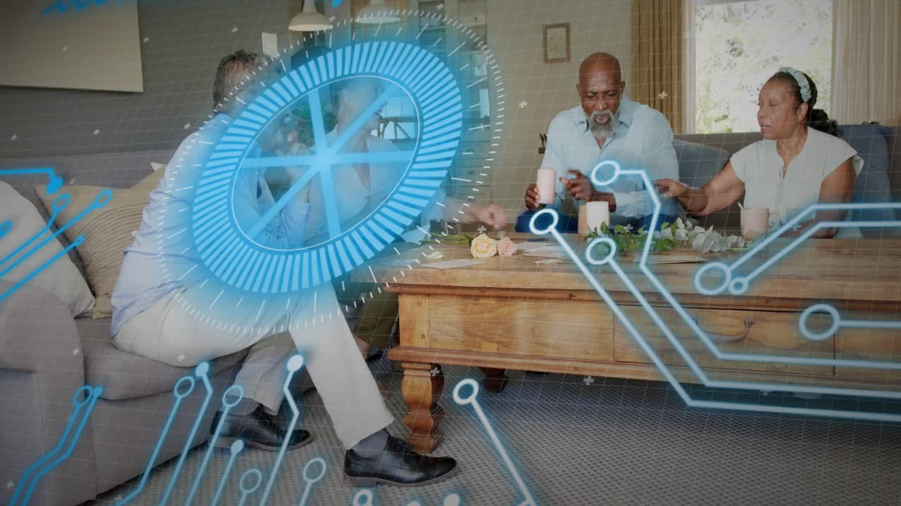 Right man picking pill bottle and causing holo HUD expanding while others reviewing health info