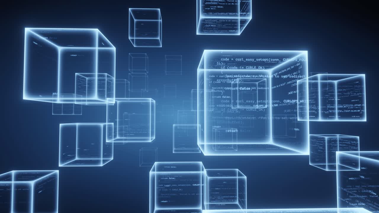 Blockchain concept, there is a cube with digital data code inside. ,The camera moves forward