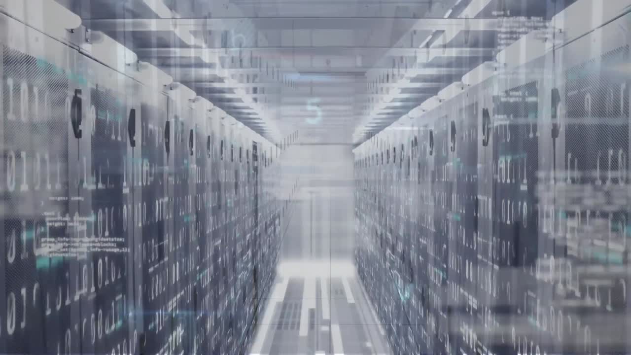 Animation of multiple texts, numbers, symbols and computer language over data server racks
