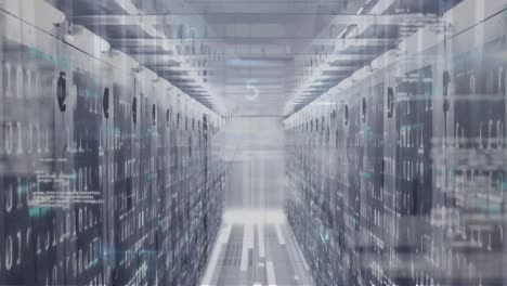 animation of multiple texts, numbers, symbols and computer language over data server racks