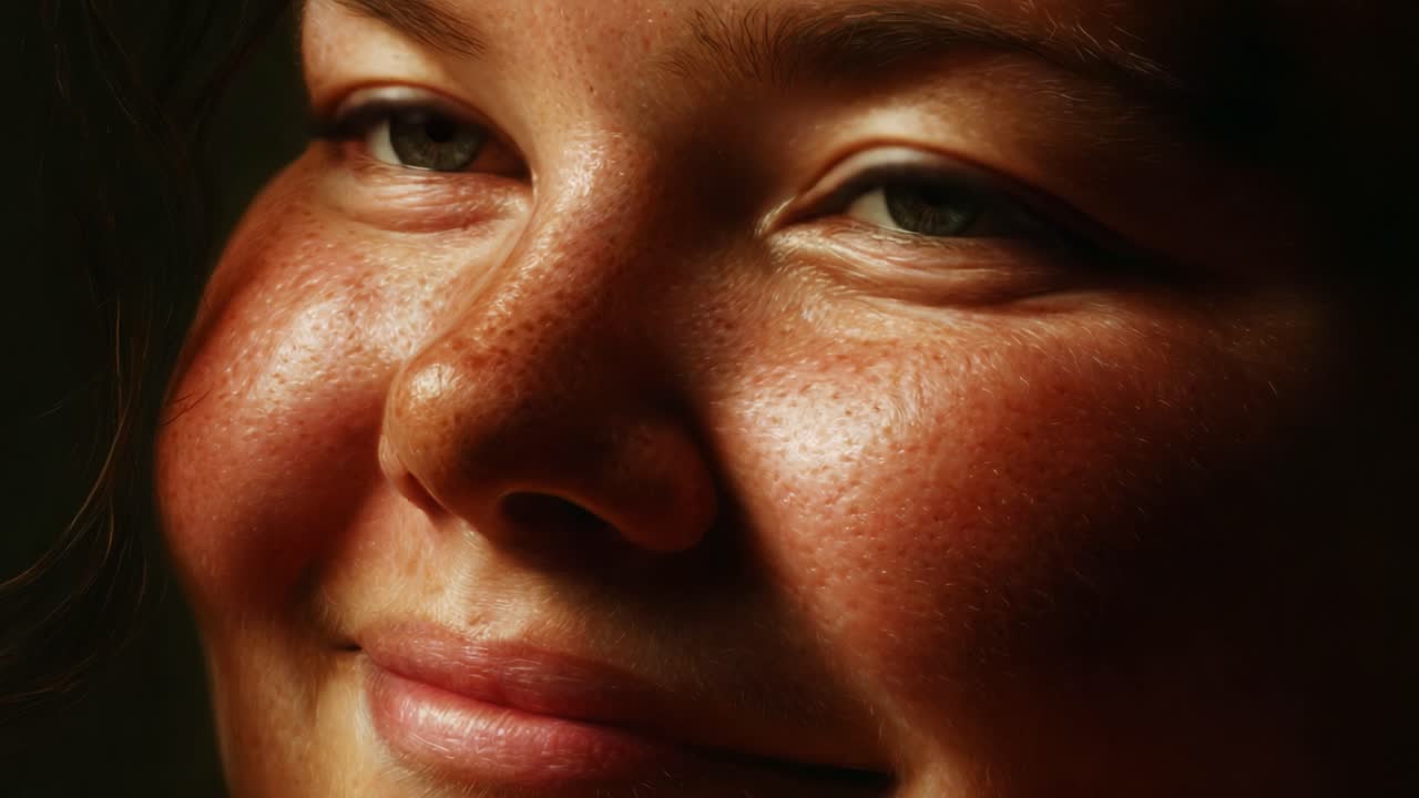 A Close-Up of a Young Woman's Face Highlighting Her Natural Beauty and Unique Freckles, Capturing an Expression of Serenity and Contemplation in Soft Lighting
