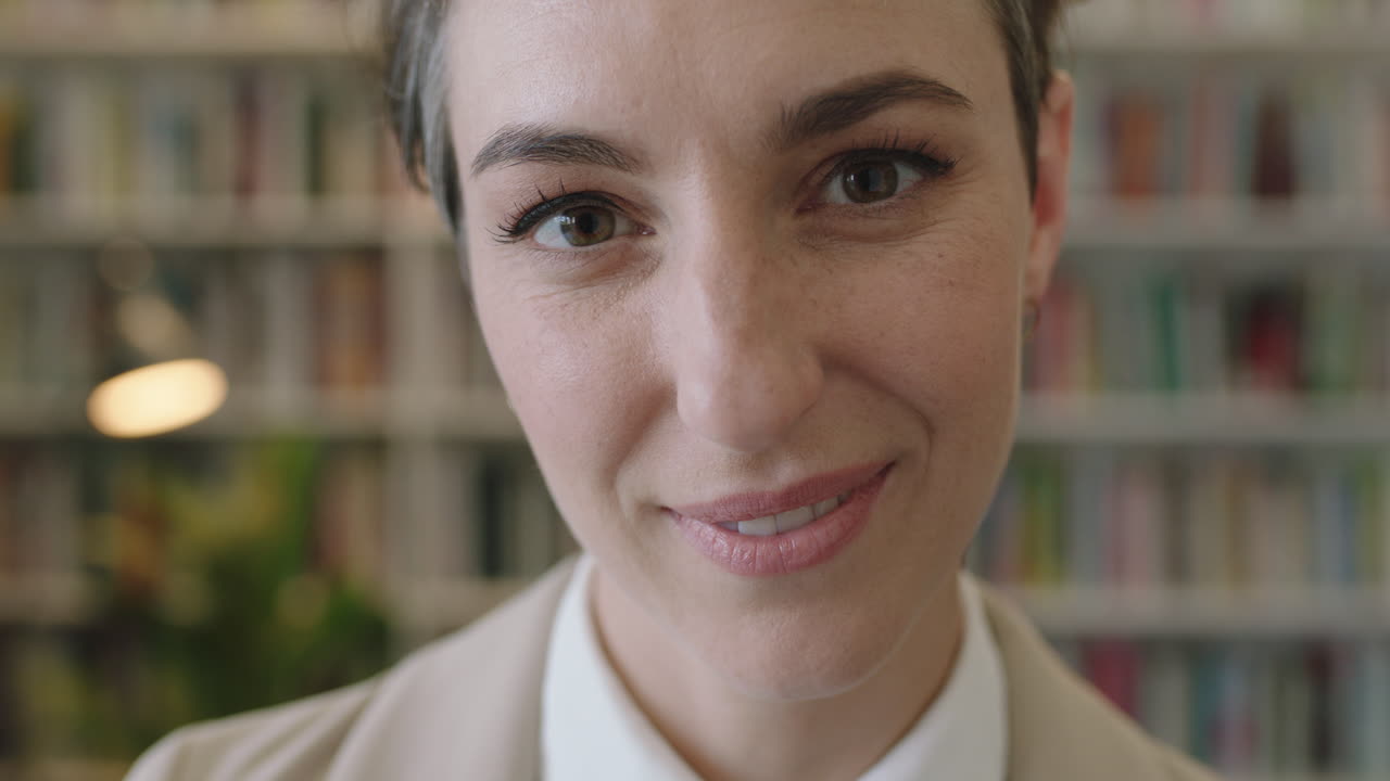 retrato en primer plano de una joven y hermosa mujer bibliotecaria mirando a la cámara sonriendo pensando pensativo vistiendo un traje elegante en el fondo de la estantería de la biblioteca