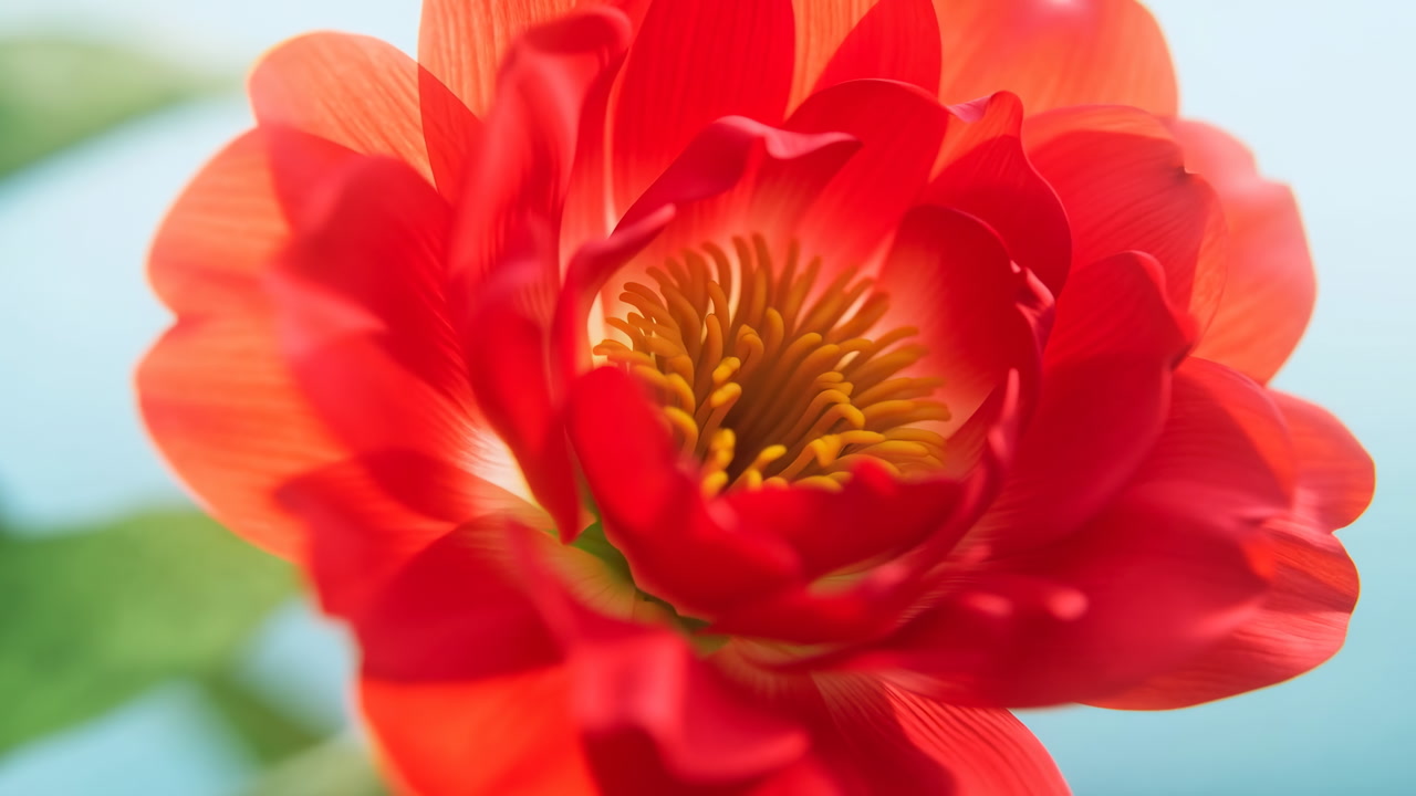 Red Ranunculus Bloom In Soft Sunlight, Lush Petals Unfurling To Reveal Golden Stamen, Macro Floral Study