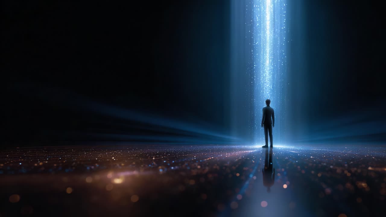 Una figura solitaria è illuminata da un raggio di luce radioso, circondata da un paesaggio surreale di particelle scintillanti, evocando un senso di meraviglia e introspezione