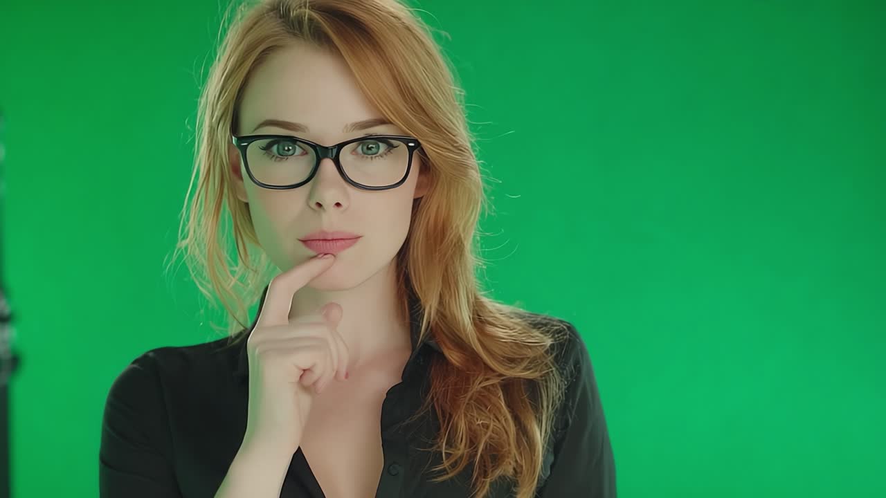 A Confident Young Woman Posing Against a Vibrant Green Background, Showcasing Style, Elegance, and Expression Through Exquisite Eyewear and Poised Posture