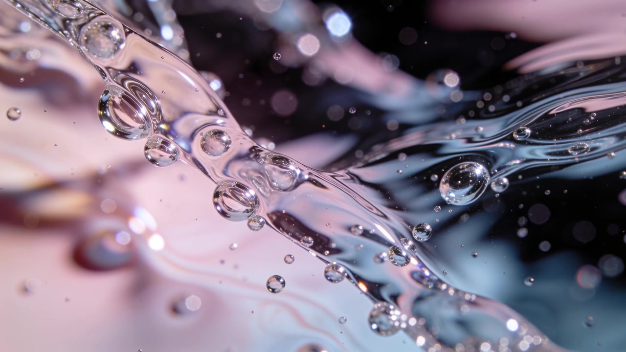 Nastro di liquido trasparente che scorre e si muove dopo l'avvio della pompa in un'inquadratura macro in studio, mostrando il movimento delle bolle.