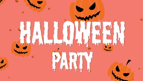 Animation-Von-Halloween-Partytext-über-Kürbisse,-Die-Auf-Orangefarbenen-Hintergrund-Fallen