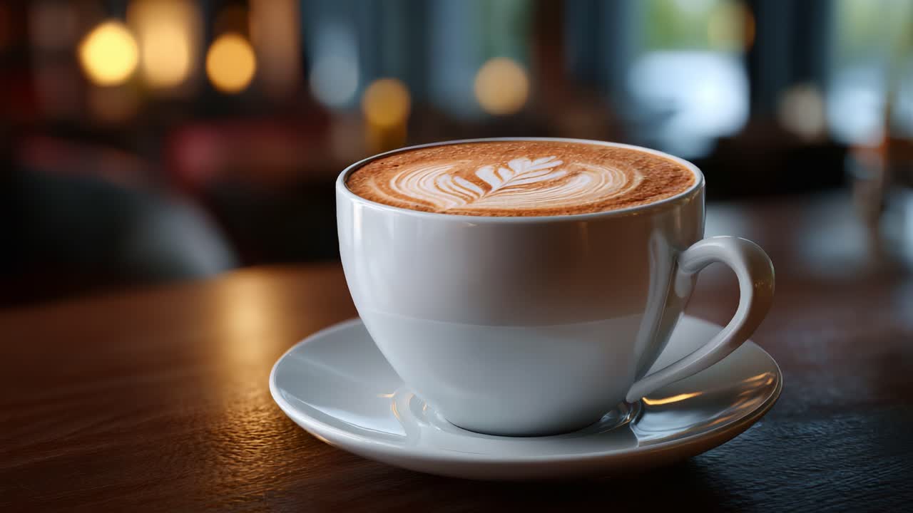 Una tazza di caffè finemente realizzata con intricati disegni di latte art su un tavolo di legno, che cattura il calore e il relax di un accogliente ambiente da caffetteria