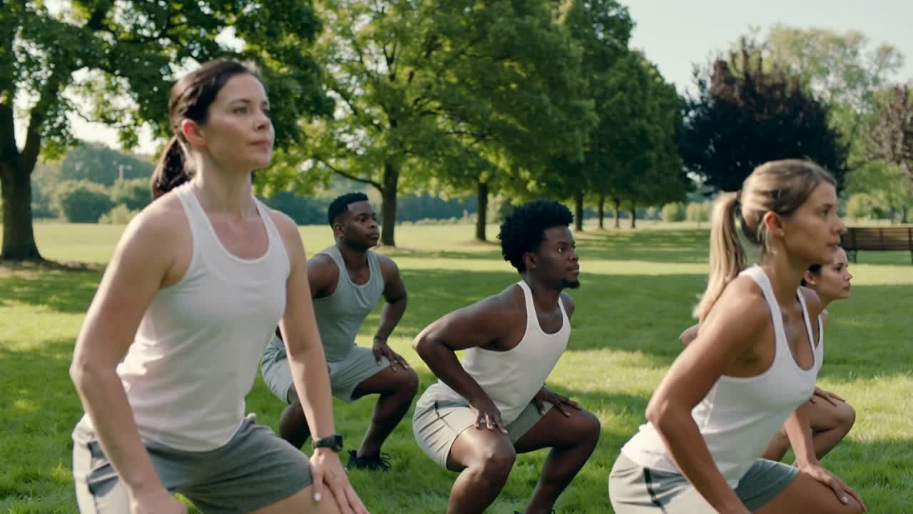Eine Gruppe macht im Park Kniebeugen auf ein Trainersignal hin, trägt Sportkleidung und eine Fitnessuhr.