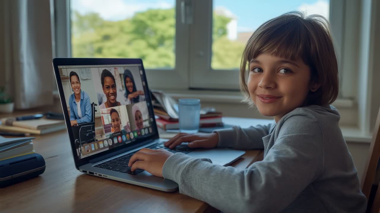 Launching group call child typing on laptop at home desk, with pencil case for collaboration
