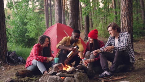 friends enjoying a campfire in the forest