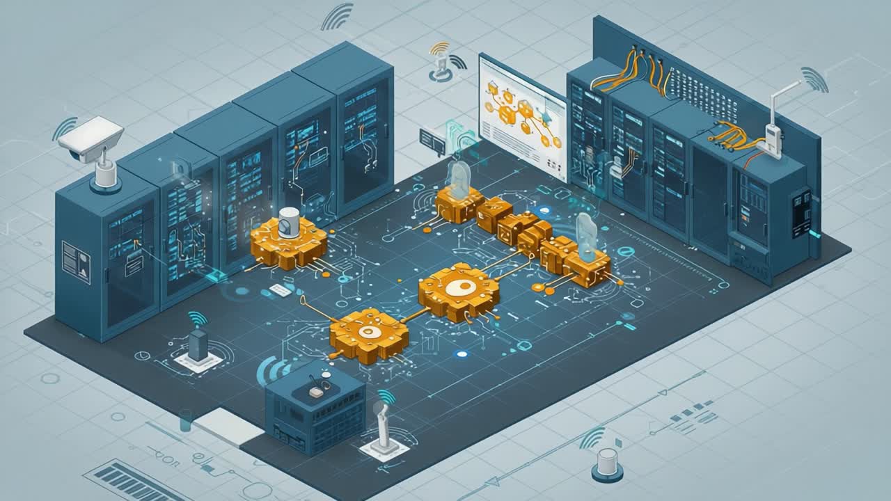 A Futuristic Overview of Automated Machinery within a Smart Tech Environment, Featuring Advanced Gears, Circuitry, and Data Flow Representations
