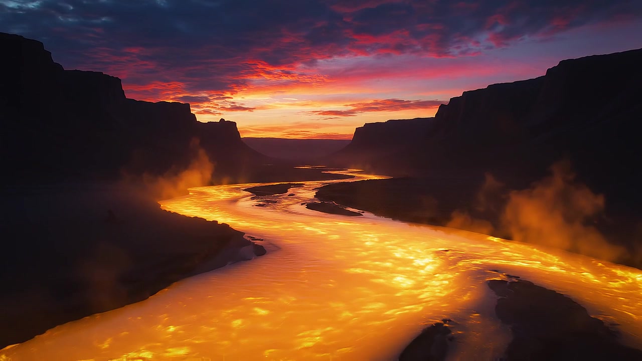 Majestic glowing golden river flowing through canyon at vibrant sunset
