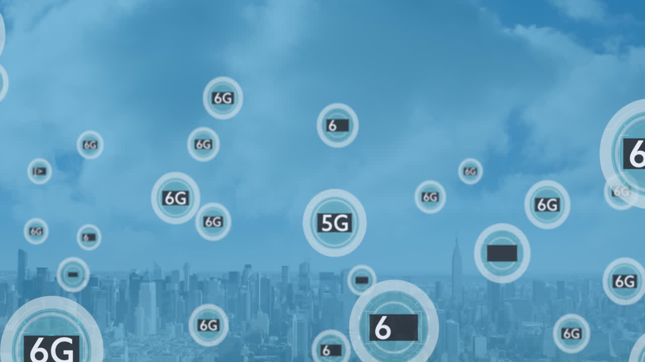 Animation of 6g texts over cityscape