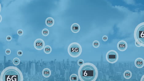 도시 풍경 위의 6g 텍스트의 애니메이션