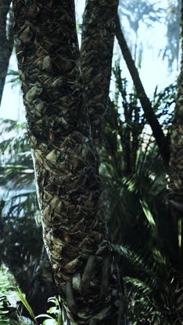 close-up of palm tree trunks in a lush tropical forest