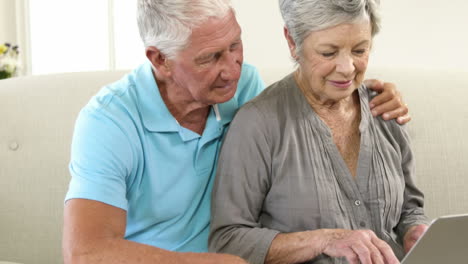 una pareja de ancianos felices usando una computadora