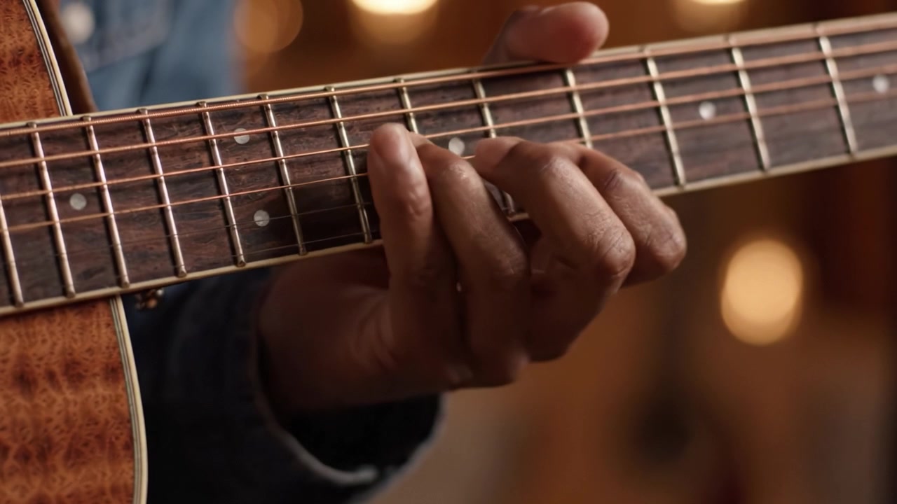 Esplorando l'arte di suonare la chitarra: un viaggio ravvicinato attraverso dita agili che strimpellano melodie e creano suoni armoniosi su una chitarra acustica