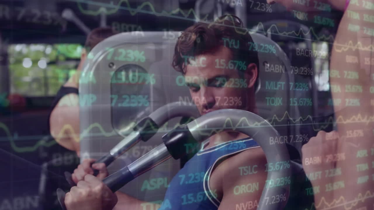 체육관에서 운동하는 백인 남성에 대한 금융 데이터 처리의 애니메이션