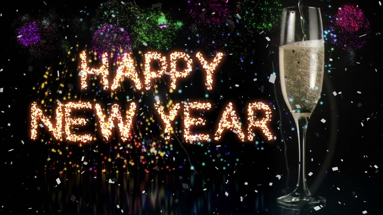 Animation of happy new year text greetings over confetti, champagne glass and fireworks