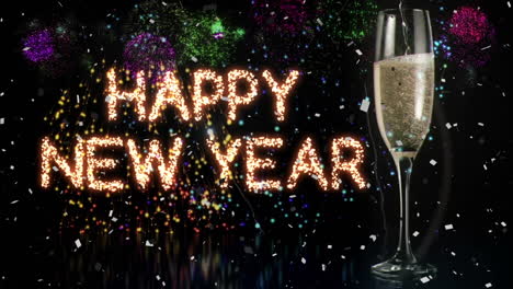 animation of happy new year text greetings over confetti, champagne glass and fireworks