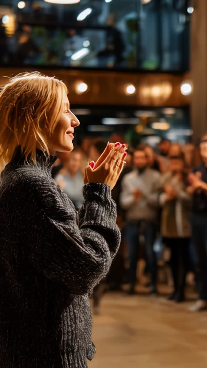 A Young Woman in a Cozy Sweater Expresses Joy and Gratitude in a Crowded Setting, Welcoming Applause from an Engaged Audience During a Celebration or Event