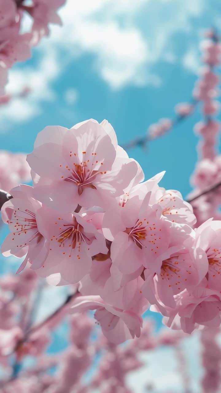 Vertical video: Cherry blossom branch moving in gentle orchard breeze, revealing petals and bokeh