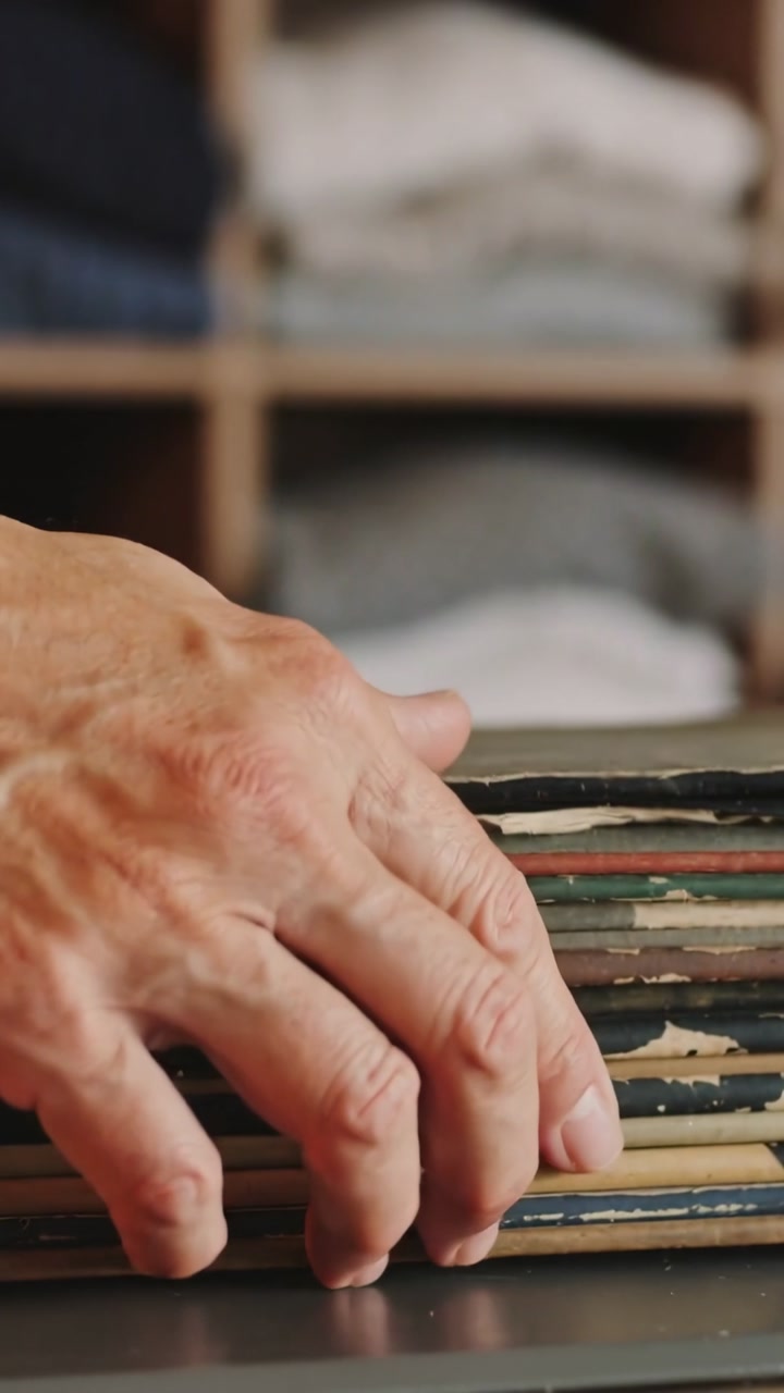 Vertical video: Grasping stack, hands shifting grip, fanning worn sleeves on table for sorting