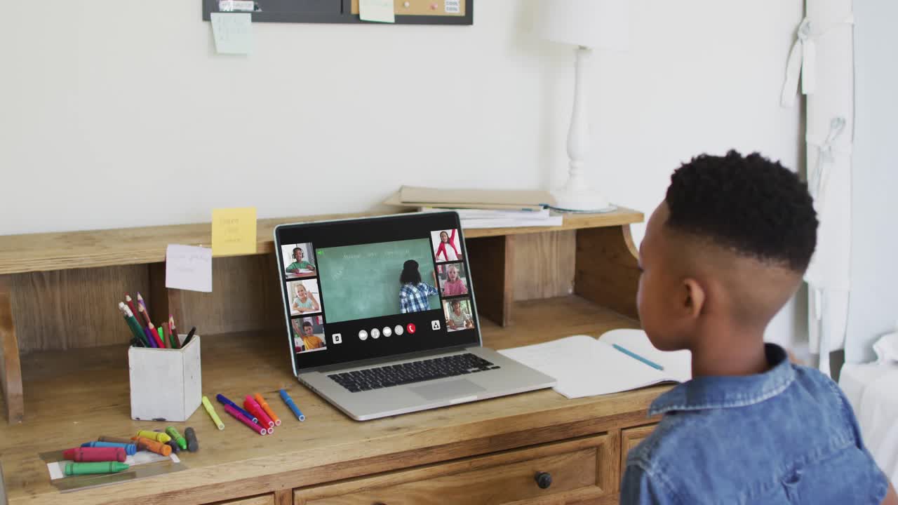 Schoolboy using laptop for online lesson at home, with diverse teacher and class on screen
