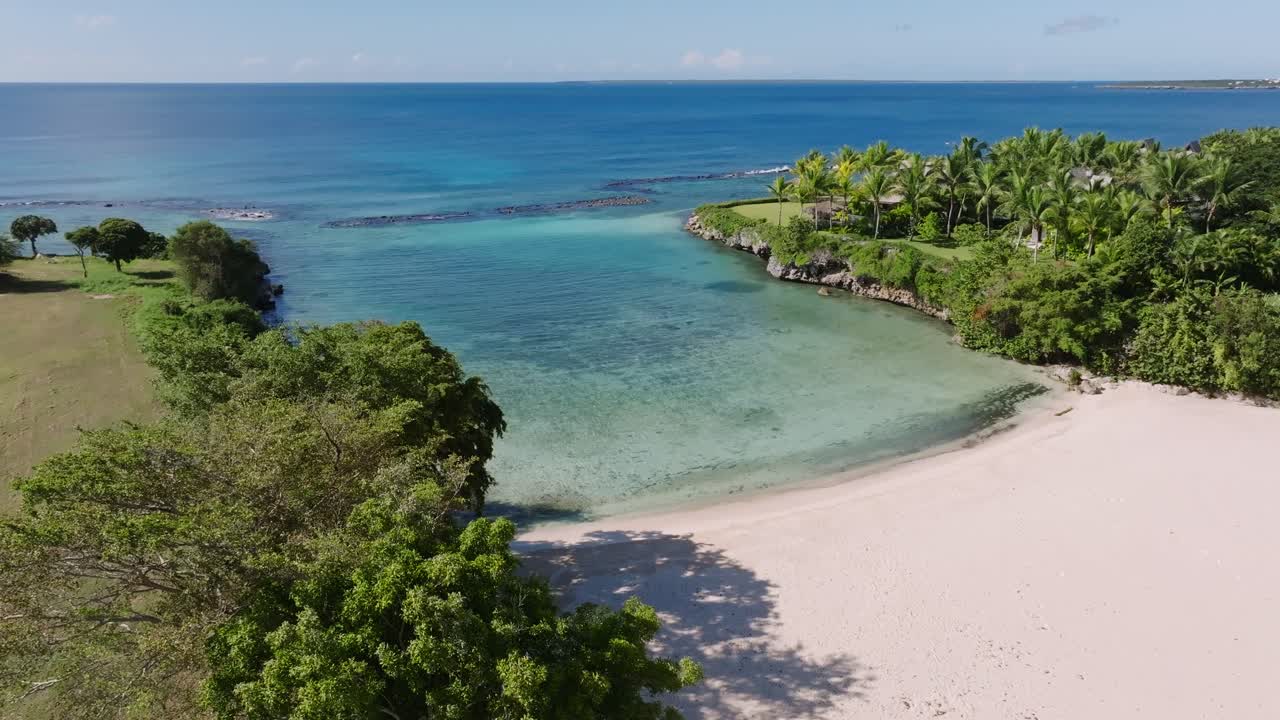 Playa Caleton - Picturesque Beach With Golden Sands And Crystal-clear Turquoise Sea In La Romana, Dominican Republic. aerial shot