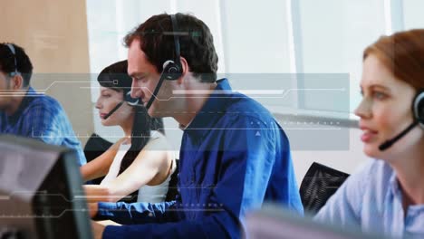 Animation-of-digital-interface-and-data-processing-over-business-people-wearing-phone-headsets