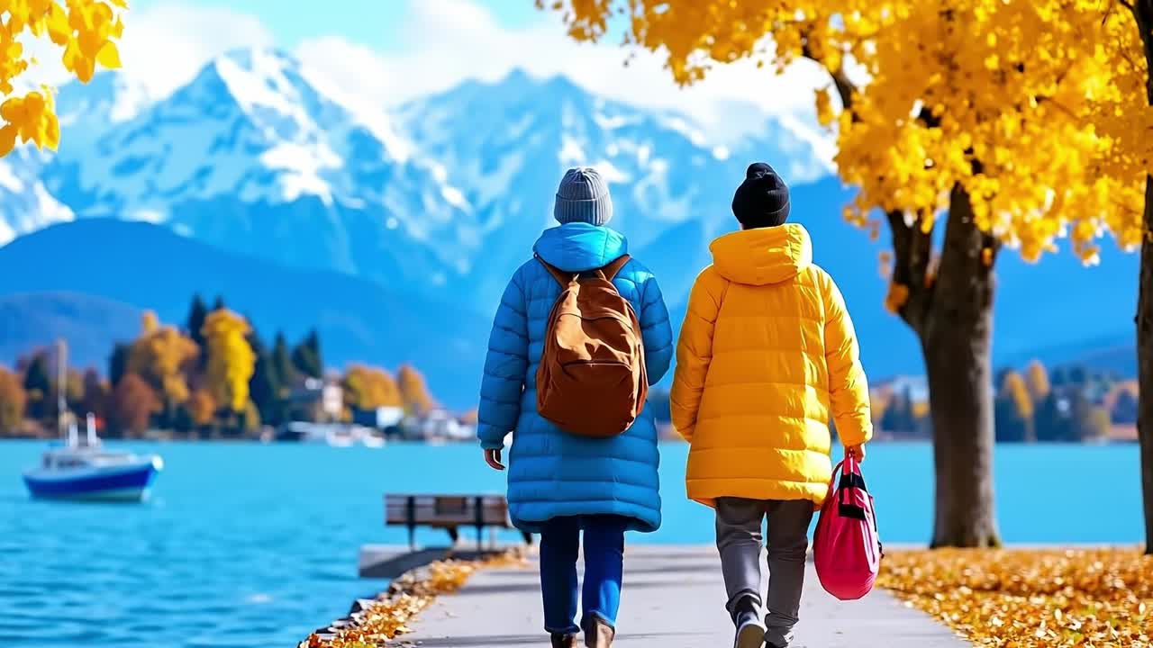 A couple of people walking down a sidewalk next to a lake