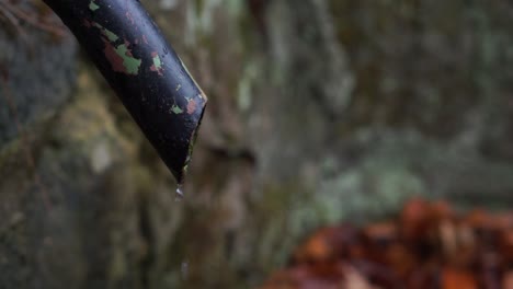 Water-slowly-dripping-out-of-the-thin-rusty-pipe-of-an-old-well-in-the-forest,-still,-no-camera-movement