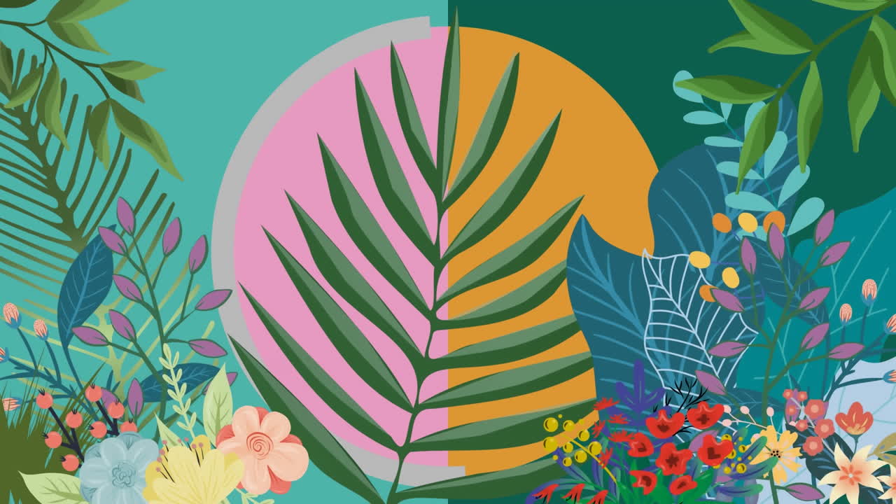 animación de ilustración de formas exóticas de hojas y flores sobre círculo rosado y naranja, en verde