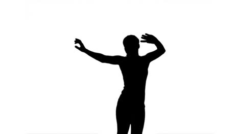 silhouette of woman jumping and raising arms on white background