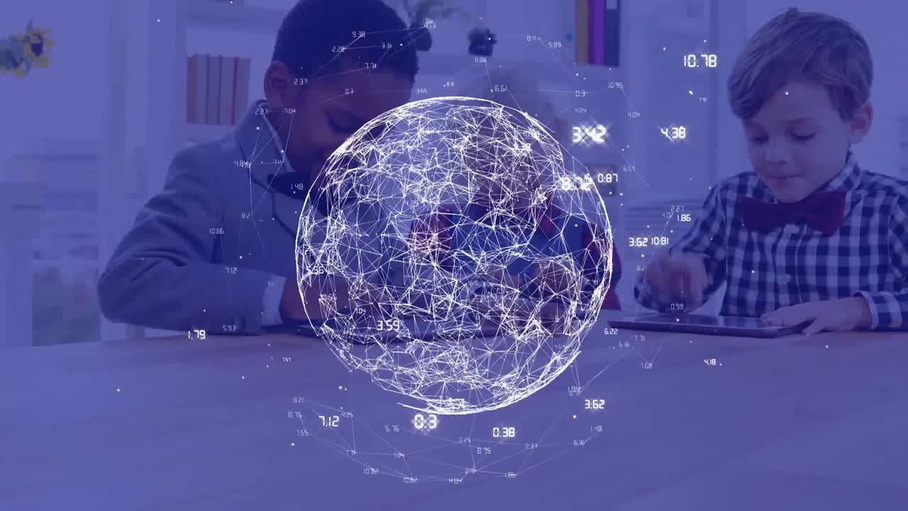 animación de puntos conectados que forman un globo con números sobre diversos niños usando tableta digital.