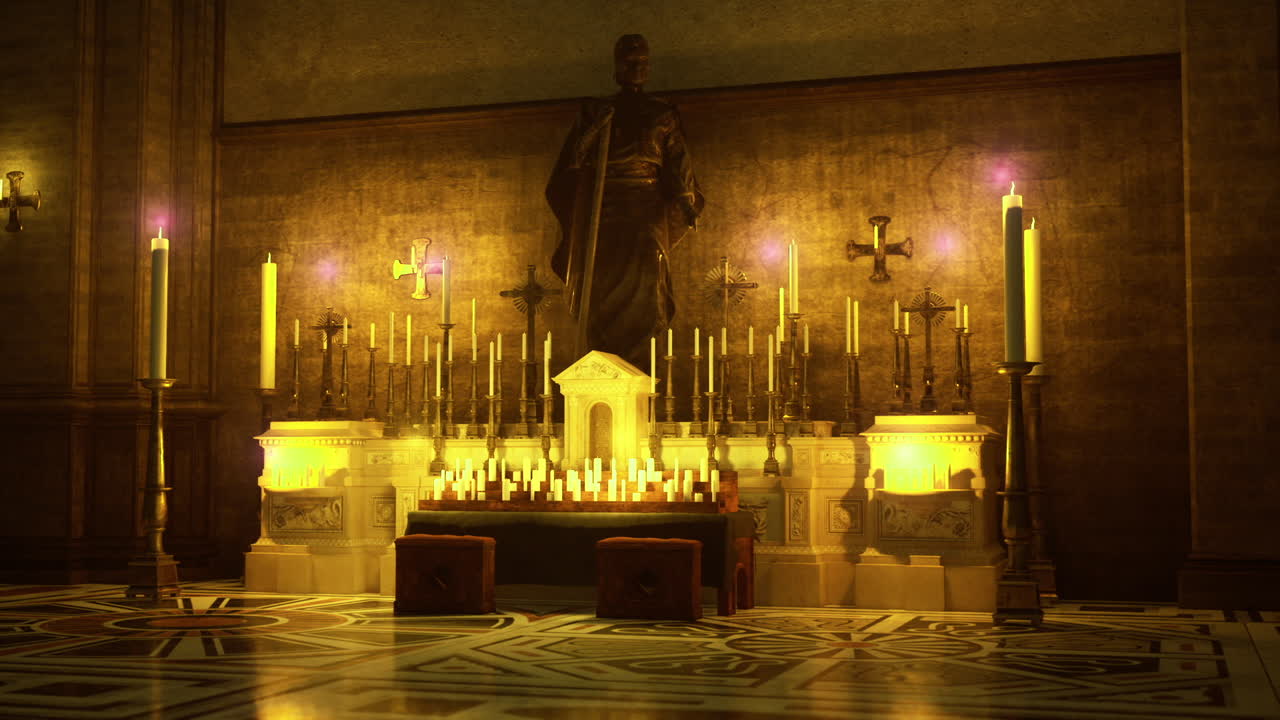 Candele disposte placidamente attorno a un santuario sacro in un'atmosfera serena