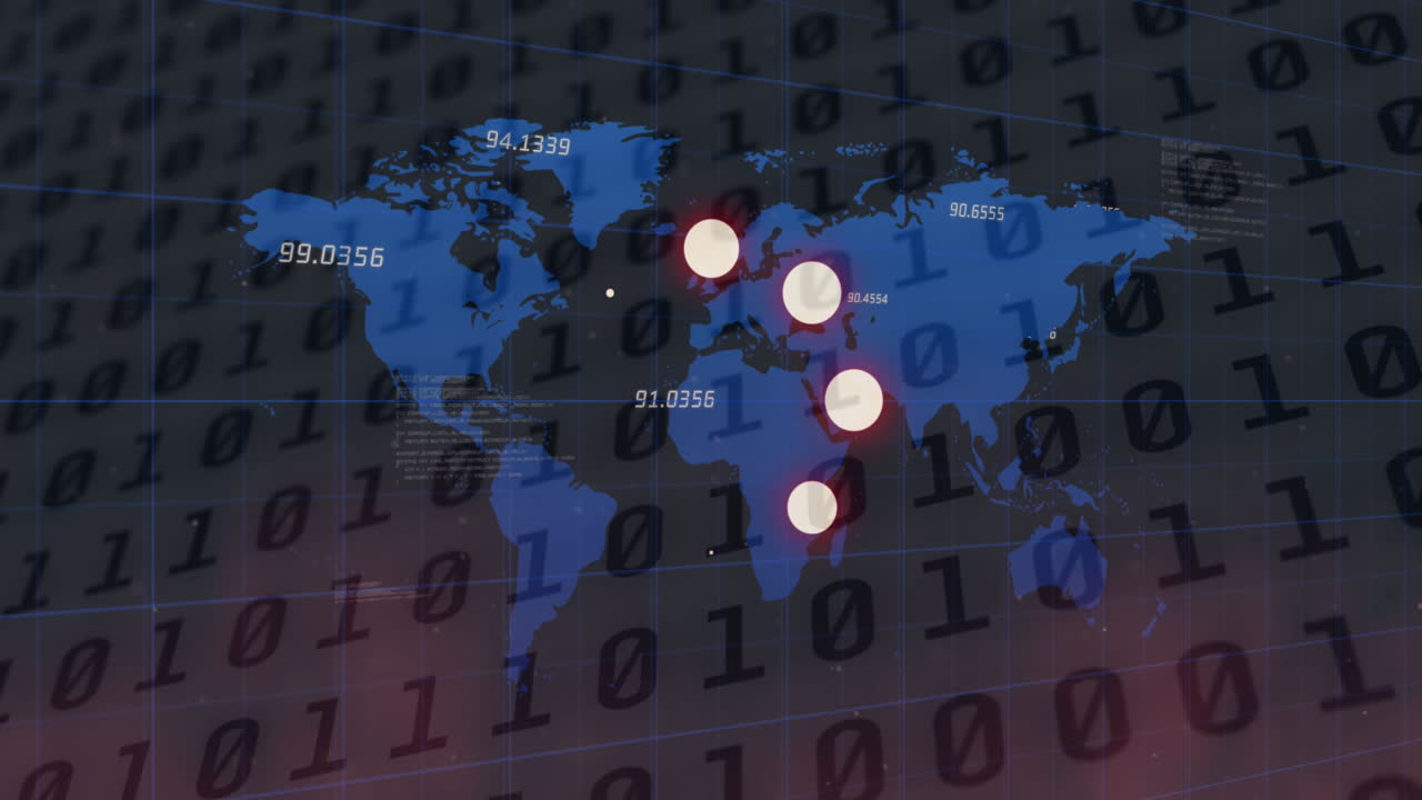 Animation of loading circles icons and binary coding, numbers changing over world map