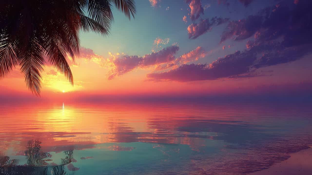 Tramonto mozzafiato su acque calme: un sereno paesaggio tropicale con palme lussureggianti e riflessi colorati nel cielo
