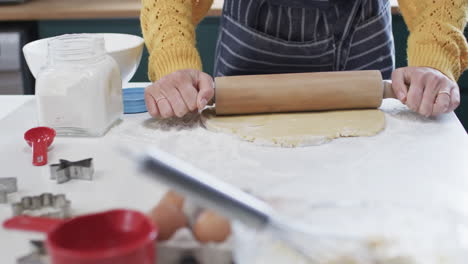 Midsection-of-biracial-woman-baking-christmas-cookies-in-kitchen-at-home,-in-slow-motion